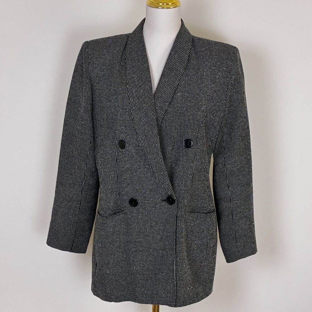 Vintage 80s 90s Lew MagramBlazer Jacket Double Breasted Black White Size 10